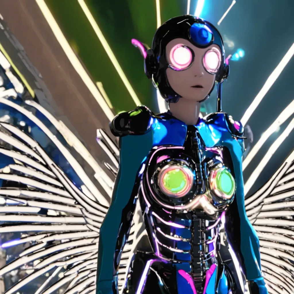 This is an image of a robot with a human-like face and a blue and black body. The robot has large, glowing eyes and a small mouth. It is wearing a silver and black suit of armor and has large, metal wings. The robot is standing in a futuristic setting, surrounded by tall buildings and bright lights.