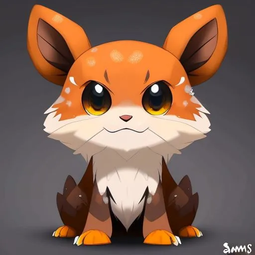 The image is of a cartoon fox. It has large, pointed ears and big, round eyes. Its fur is orange and white, with a brown tail tip and brown paws. It is sitting on its haunches with a confident expression on its face. The background is a gradient of gray and brown.