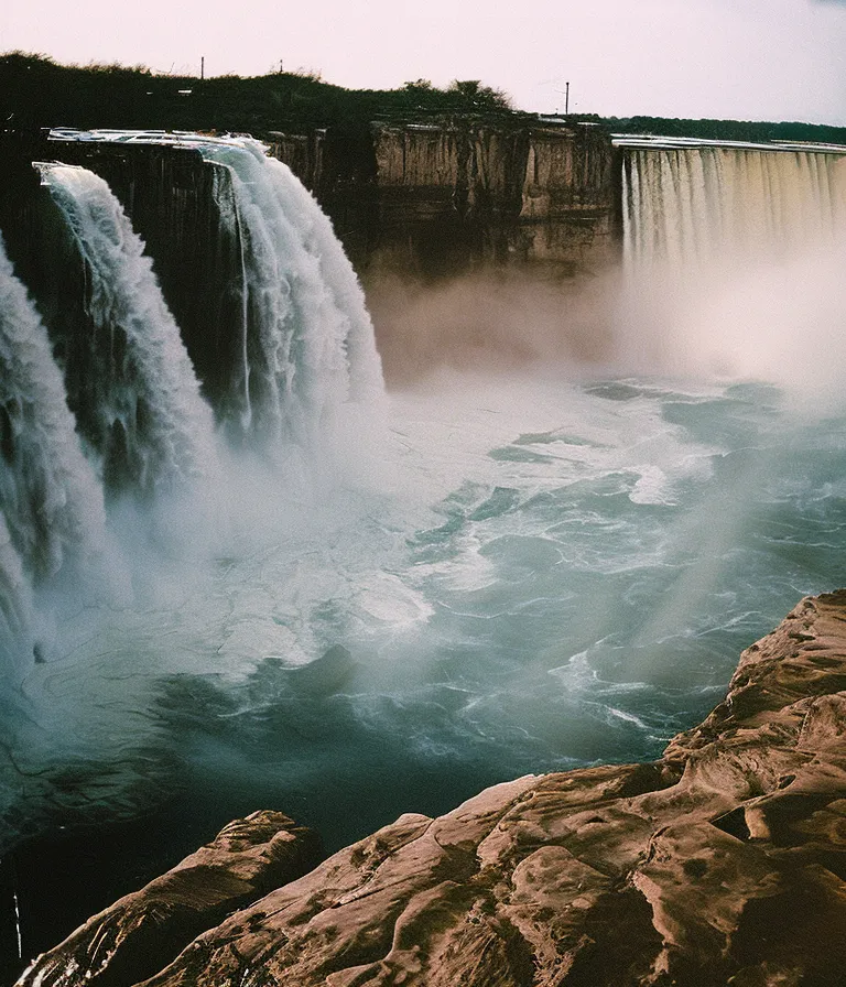 The image shows a waterfall. The waterfall is very wide and the water is falling from a great height. The waterfall is surrounded by cliffs. The cliffs are made of rock and are covered in moss. The water at the bottom of the waterfall is very rough and choppy. There is a small amount of mist rising from the waterfall.