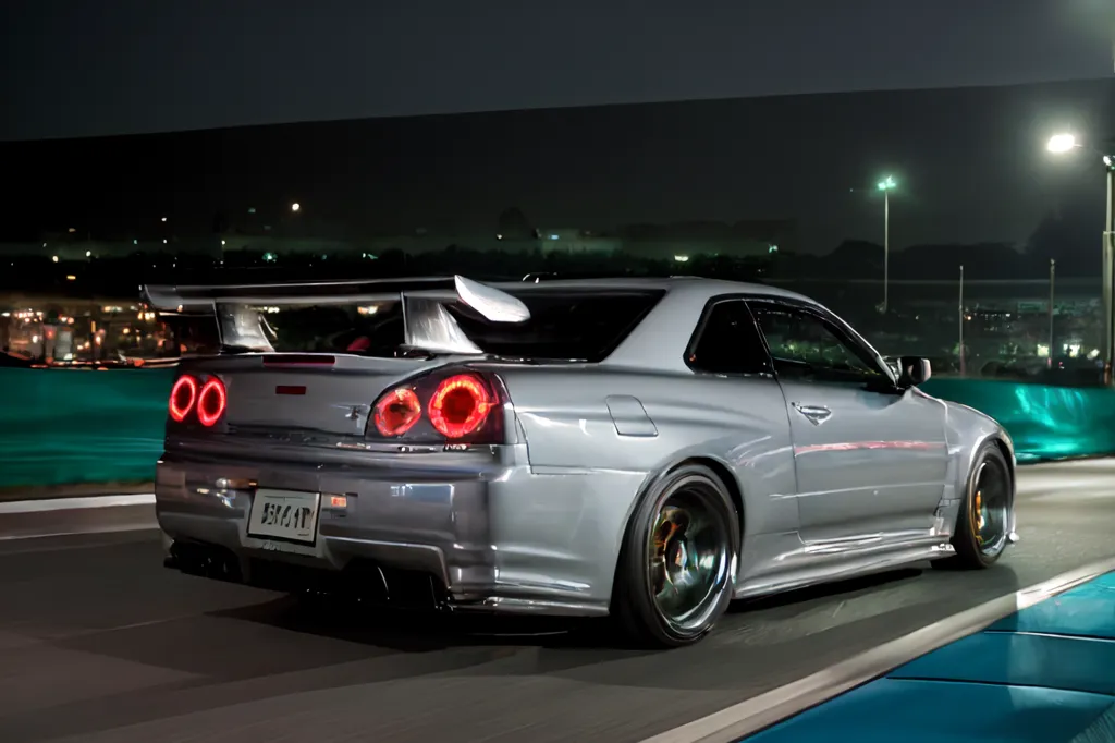 图像显示了一辆银色的日产 Skyline R34 GT-R V-Spec II Nür。这是一款高性能的运动型汽车,由日产公司于1999年至2002年生产。R34 GT-R是 Skyline GT-R 系列的第四代车型,被认为是最具标志性的日本运动型汽车之一。

R34 GT-R 搭载了一台2.6升双涡轮增压直列六缸发动机,最大功率为280 PS (206 kW; 276 hp),最大扭矩为400 N·m (295 lb·ft)。发动机与6速手动变速箱和全轮驱动系统相匹配。R34 GT-R可以在4.9秒内从0加速到100 km/h (0-62 mph),最高时速可达300 km/h (186 mph)。

R34 GT-R 有两种车型可选:V-Spec 和 V-Spec II。V-Spec II 是性能更高的车型,相比 V-Spec 拥有更强大的发动机、更硬朗的悬挂系统以及碳纤维后扰流板等升级。

R34 GT-R 是一款非常成功的车型,曾出口到世界各地。它仍被认为是最令人向往的日本运动型汽车之一,