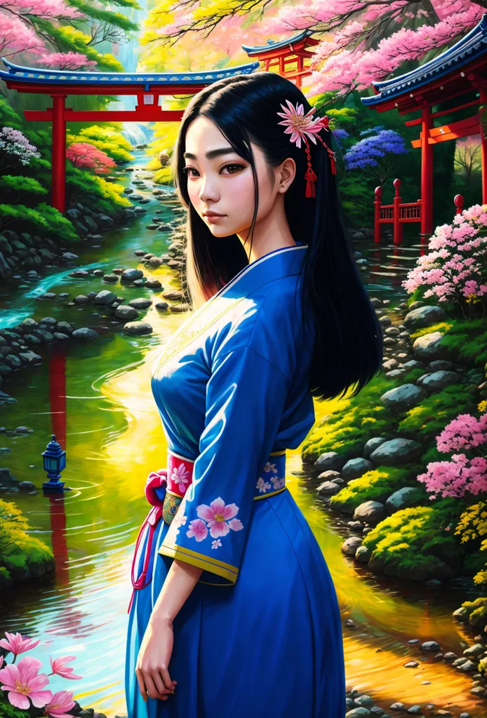 这幅图画是一位身穿蓝色和服的年轻女子的画作。她头上戴着粉色和白色的花朵。她站在一个茂密的花园里,背后有一座红色的桥梁。桥梁周围是盛开的樱花。河水呈现出明亮的蓝色和白色。河中的岩石是深灰色的。背景中的树木绿黄相间。天空是浅蓝色的。这幅画给人一种非常宁静祥和的感觉。