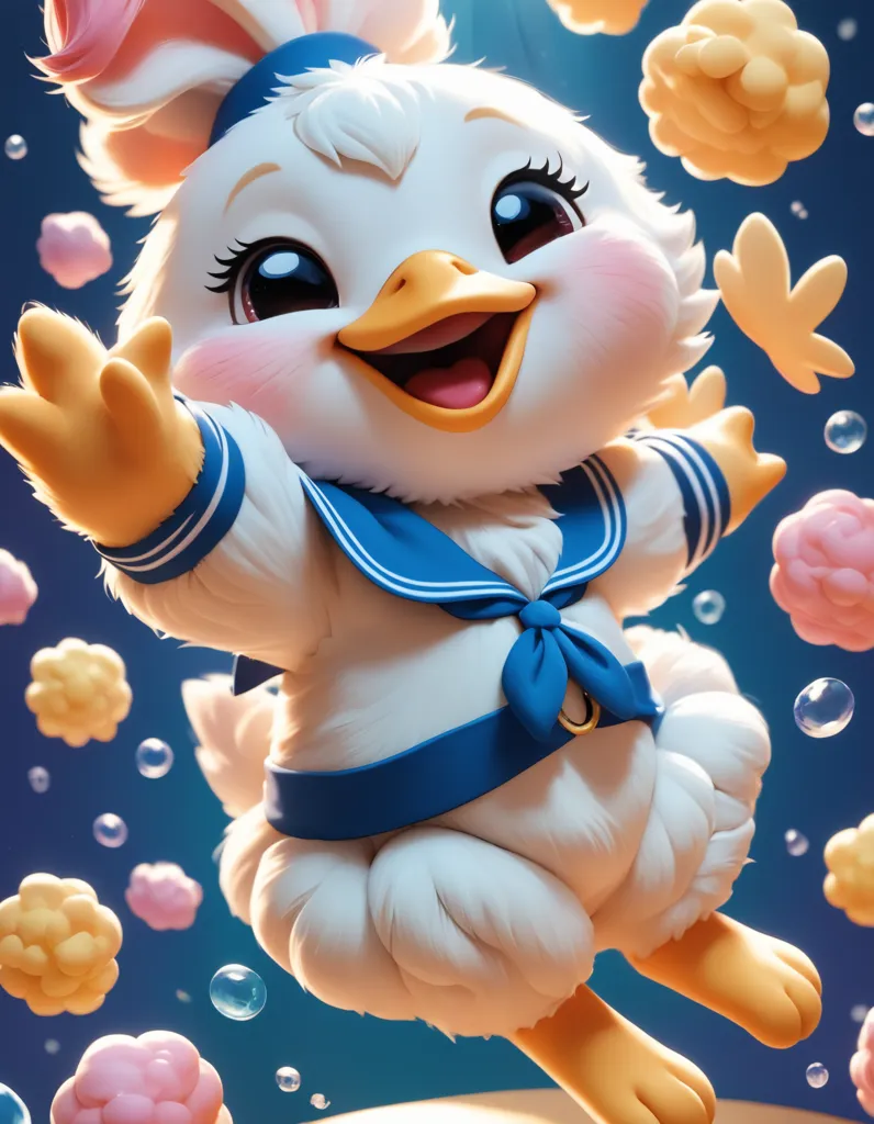 This is an image of a cute and fluffy duck. It is wearing a blue and white sailor outfit with a pink bow. The duck is surrounded by pastel-colored bubbles and flowers. It has its arms outstretched and looks very happy.