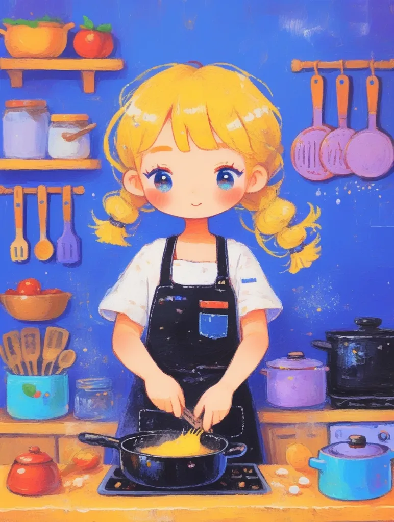 This is a picture of a girl cooking in a kitchen. She has blonde hair and blue eyes. She is wearing a white shirt, black apron, and pink socks. She is cooking something in a pot on the stove. There are many cooking utensils and ingredients on the counter and shelves in the background. The background is blue, and the overall style of the picture is cute and cartoonish.