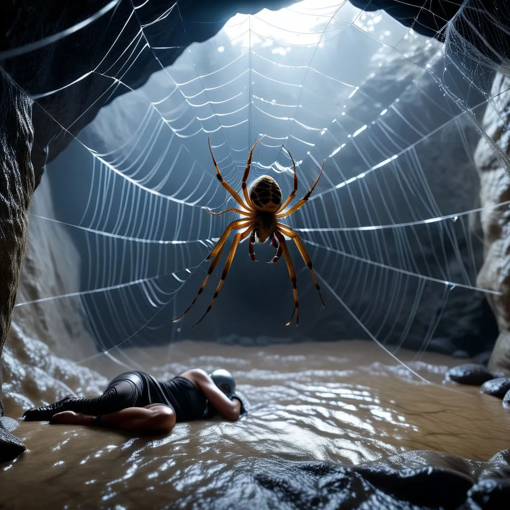 A giant spider lurks in a dark cave, its web glistening in the dim light. A human lies motionless on the ground, seemingly trapped in the spider's lair. The spider's legs are covered in sharp spikes, and its fangs are dripping with venom. The human's body is covered in cuts and bruises, and it looks like they have been there for some time. The spider slowly approaches its prey, its eyes glowing red in the darkness.