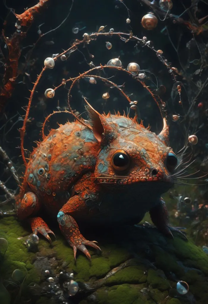 The creature has orange, bumpy skin and large, round eyes. It is sitting on a mossy rock in a dark, wet environment. The creature is surrounded by strange plants and fungi. It is unclear what the creature is, but it appears to be a type of amphibian.