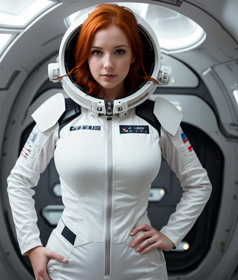 This is an image of a young woman in a spacesuit with her helmet on. She is standing in front of a door with her hands on her hips. The spacesuit is white with red and blue accents. The helmet has a visor that is reflecting the camera. The woman has long red hair that is flowing out from under her helmet. She is looking at the camera with a serious expression.