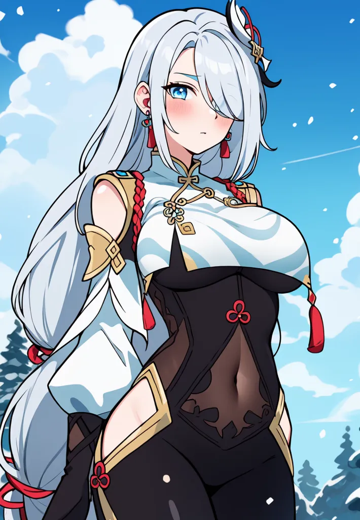 The image is of a woman with long white hair and blue eyes. She is wearing a white and black cheongsam, and she has a red flower in her hair. She is standing in a snowy forest, and there are mountains in the background