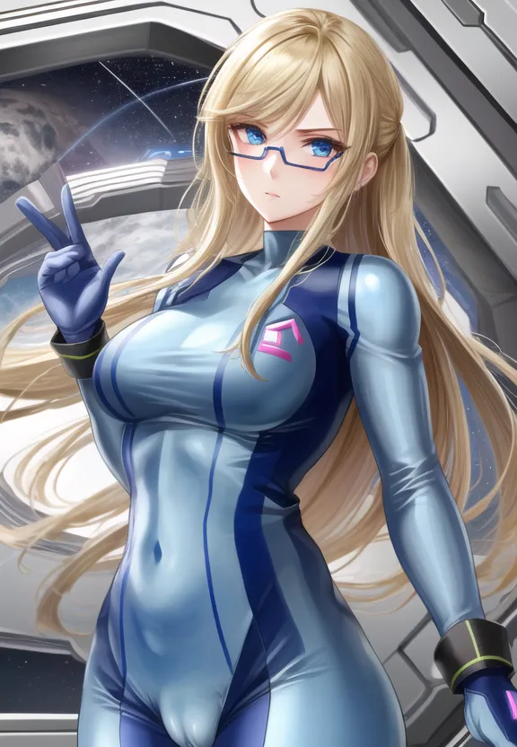 The image is of a young woman in a blue and white jumpsuit standing in front of a spaceship. She has long blonde hair and blue eyes, and she is wearing glasses. She is also wearing a helmet with a visor. The woman is standing with her left hand raised in the air, and she has a determined expression on her face. She is likely a member of the Galactic Federation's Special Forces division, known as the Star Fox team, and is on a mission to save the galaxy from the evil forces of Andross.