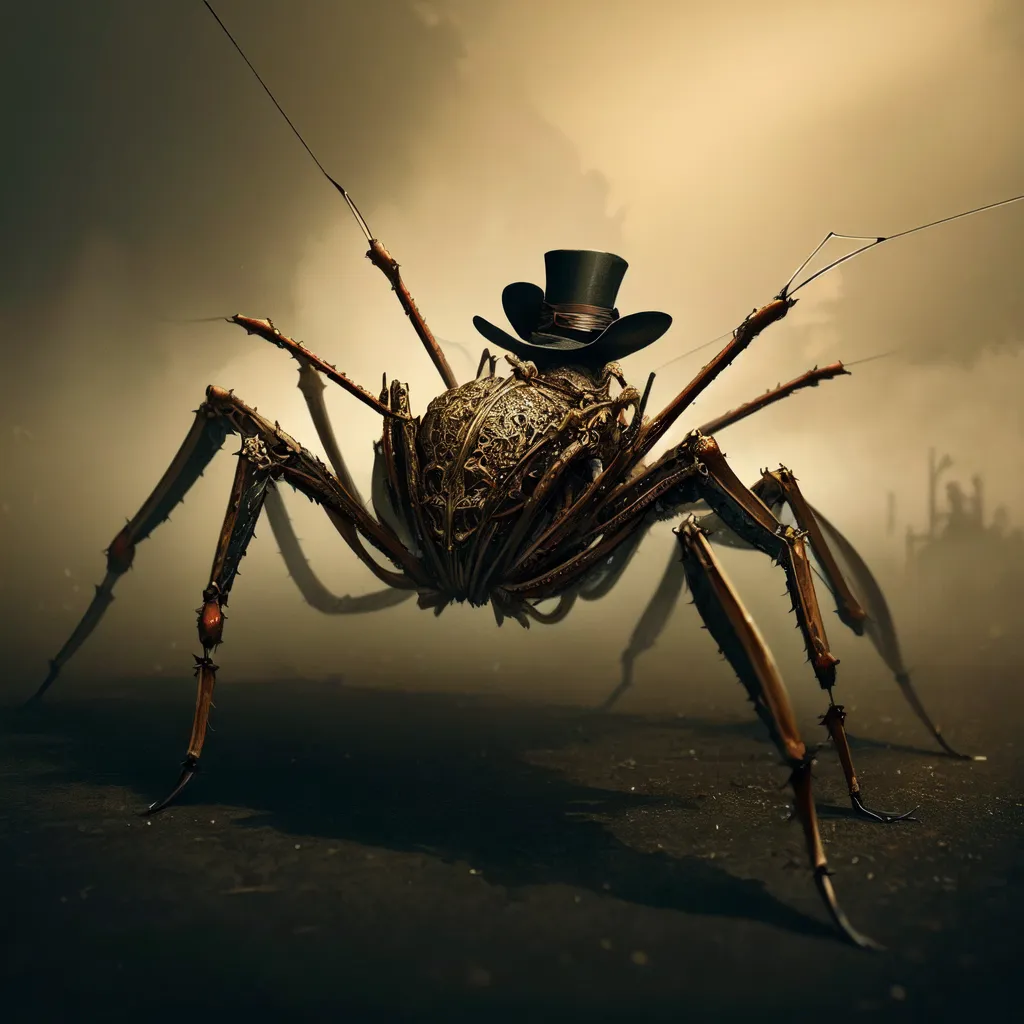 The image is a dark and steampunk-inspired rendering of a spider. The spider is in the foreground, and is facing the viewer. It is a large creature, with a body that is mostly hidden by its long, spindly legs. The spider's head is a metallic dome, with a pair of glowing red eyes. It is wearing a top hat. The background of the image is a dark and foggy cityscape.