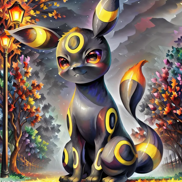 This image shows a Pokemon character. It is a small, quadrupedal creature with black fur and yellow rings on its body. It has large, pointed ears and a long, bushy tail. The Pokemon is standing in a forest, surrounded by colorful trees. There is a street lamp to the left of the Pokemon. The Pokemon is looking at the viewer with a curious expression.