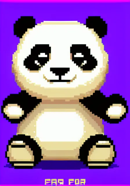 This is a pixelated image of a panda. The panda is sitting on a purple background and has its arms and legs spread out. The panda has black eyes, ears, and nose. The inside of its ears and the bottom of its feet are tan. The panda is smiling.