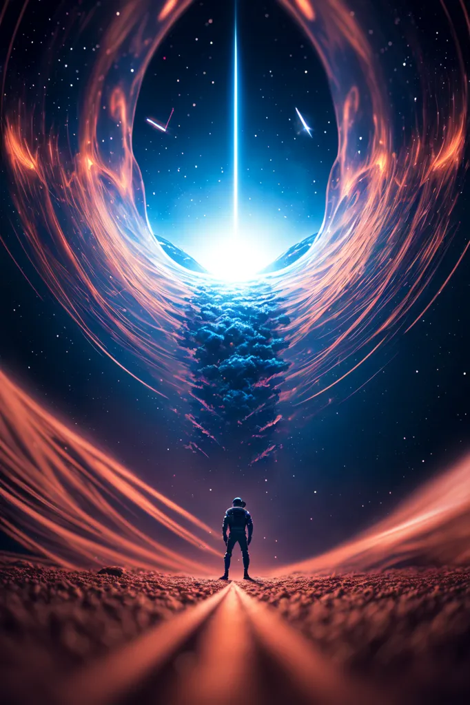 The image is set in a vast, awe-inspiring universe. A lone astronaut stands on a barren planet, looking up at a swirling vortex of clouds and stars. The vortex is like a portal to another dimension, and the astronaut is filled with wonder and trepidation. The planet's surface is covered in a thick layer of dust, and the sky is dark and filled with stars. The astronaut is wearing a spacesuit and a helmet, and is carrying a backpack. The image is full of mystery and wonder, and it leaves the viewer wondering what will happen next.