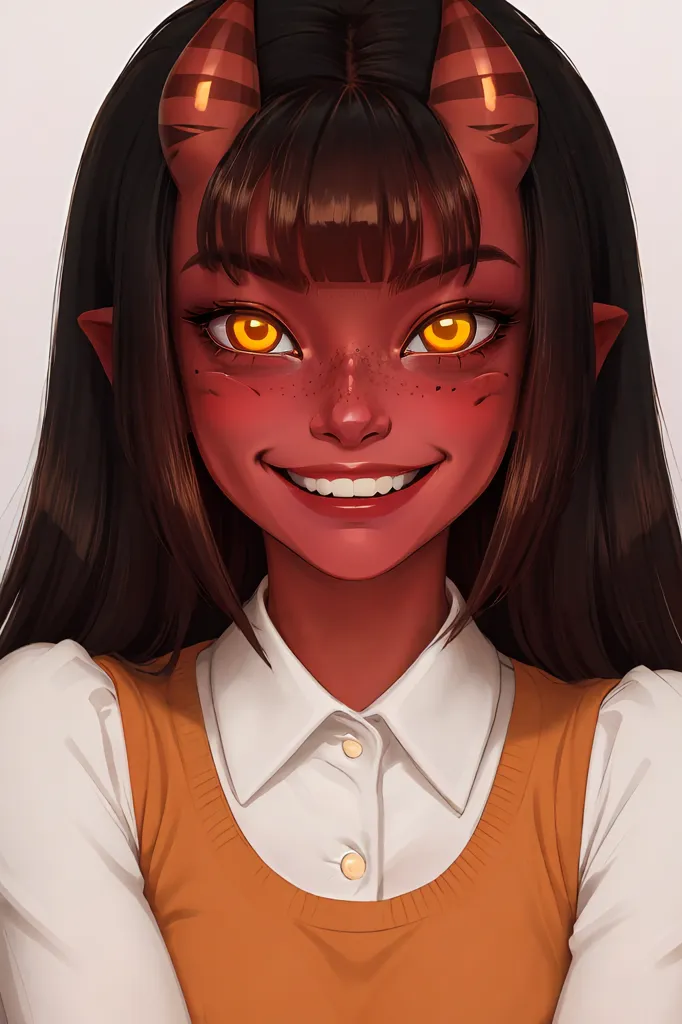 This is an image of a young woman with dark brown hair and yellow eyes. She has red skin and two small horns on her head. She is wearing a white shirt and a brown vest. She has a happy expression on her face and is looking at the viewer.