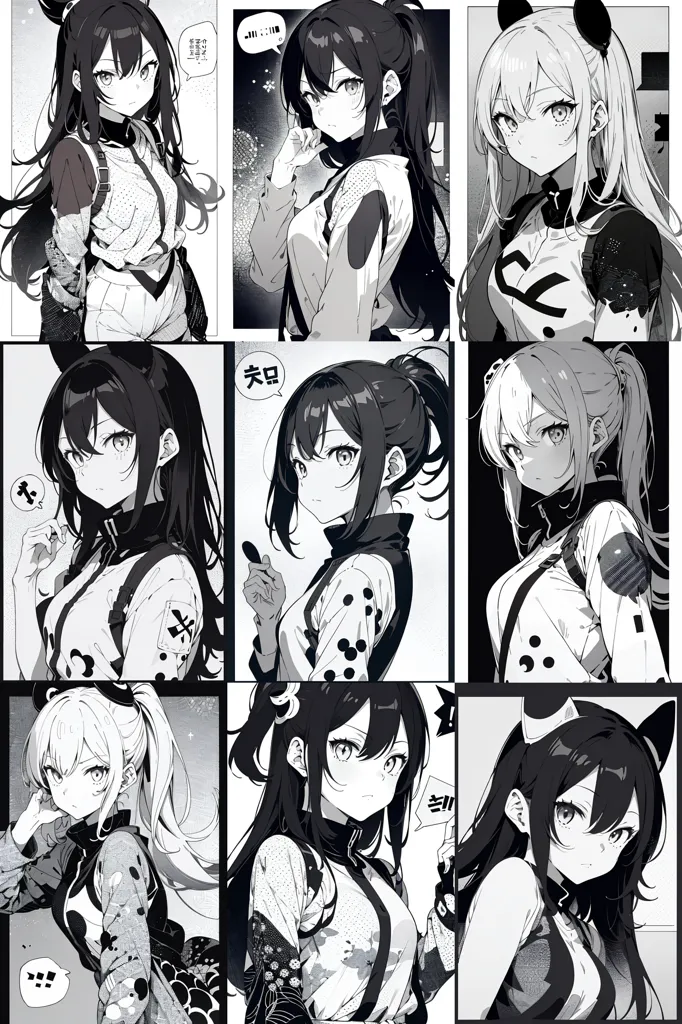 The image shows 9 different anime-style girls with black and white hair. They are all wearing different outfits and have different expressions on their faces. The girls are all drawn in a realistic style and have detailed features. The image is drawn in a black and white color scheme, which gives it a unique and stylish look.