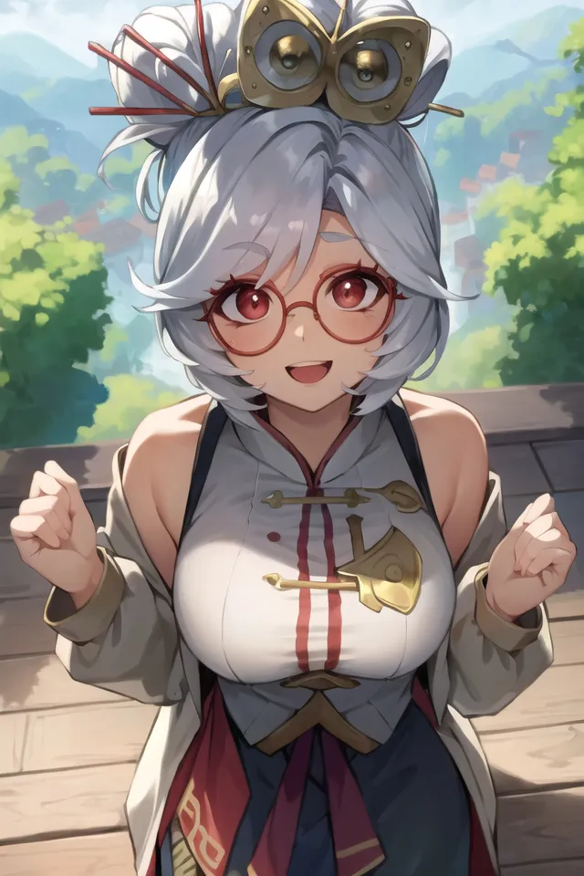 The image is of a young woman with white hair and red eyes. She is wearing a white and red cheongsam, and has a pair of glasses on. She is smiling and has her arms raised in the air. She is standing in a lush green landscape with a lake in the background