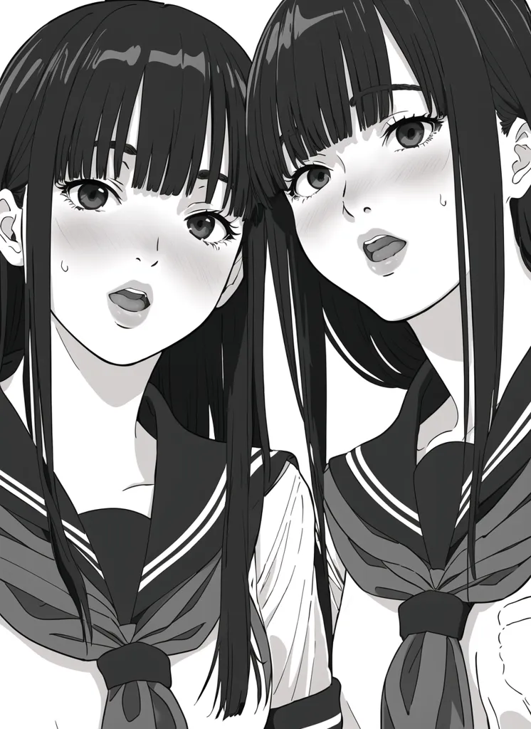 The image shows two anime school girls with black hair and black eyes. They are both wearing white shirts with black sailor collars. The girl on the left has her hair down, while the girl on the right has her hair in a ponytail. They are both looking at the viewer with their mouths slightly open.