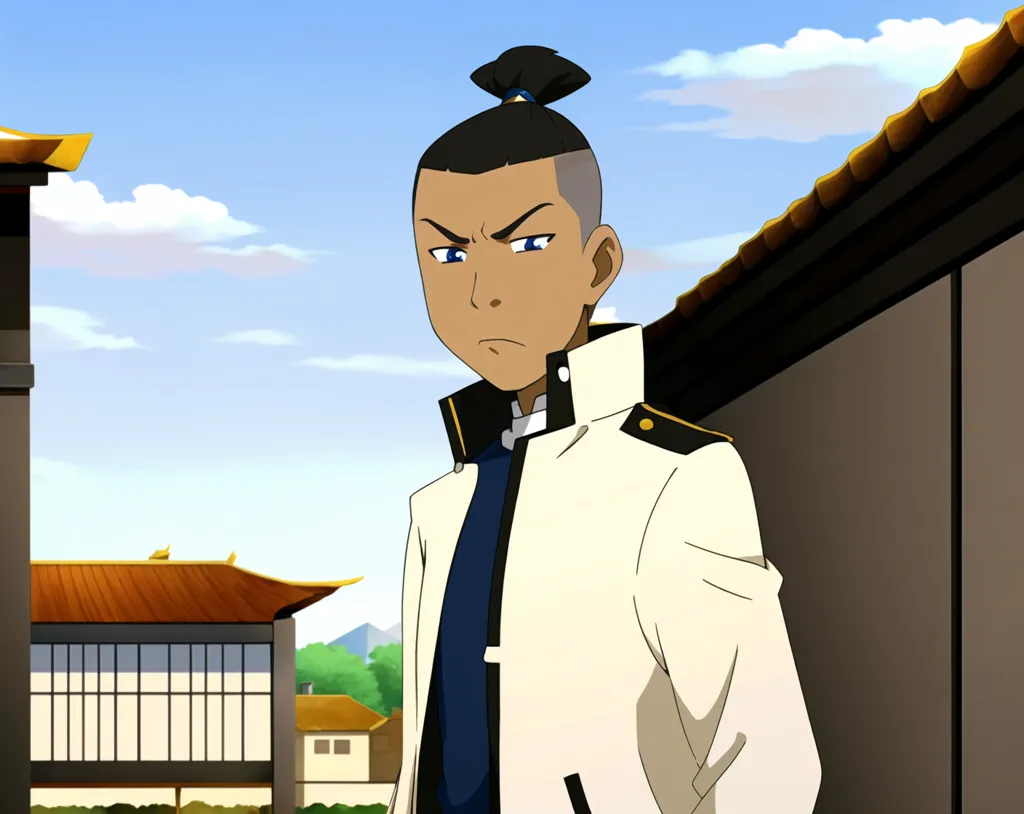 This is a picture of Sokka from the cartoon *Avatar: The Last Airbender*. He is a warrior from the Southern Water Tribe. He is wearing his typical outfit, which consists of a white jacket, a blue shirt, and brown pants. He has his hair in a bun and is looking to the side with a serious expression on his face. He is standing in a village, with a traditional house in the background.