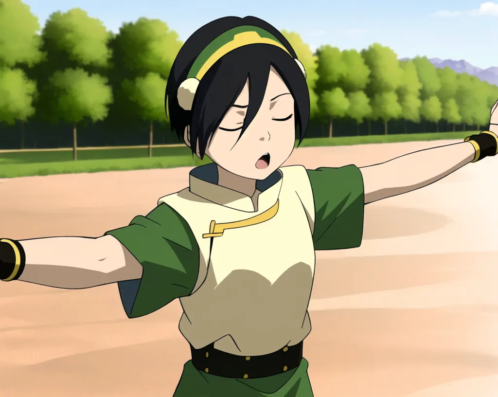 The image is of Toph Beifong, a character from the animated television series Avatar: The Last Airbender. She is standing in a field, with her arms outstretched. She is wearing a green and yellow outfit, and her hair is in a ponytail. She has a determined expression on her face. The background is a blur of green trees and blue sky.