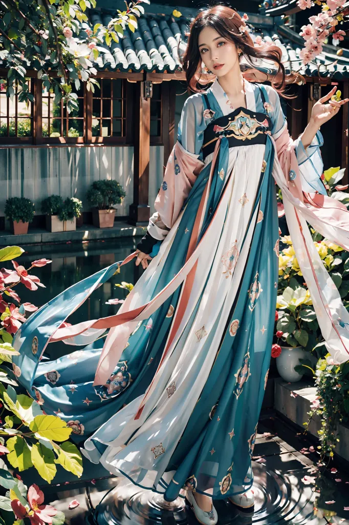 The image shows a young woman wearing a traditional Chinese dress (Hanfu) with blue and white as the main colors. The dress has a long skirt with a train, and a bodice with long sleeves. The bodice is decorated with a number of ribbons and other embellishments. The woman's hair is long and black, and she is wearing a number of hair accessories. She is standing in a beautiful garden with green plants and pink flowers. There is a pond with blue water and green plants in the background. The overall effect of the image is one of beauty and elegance.