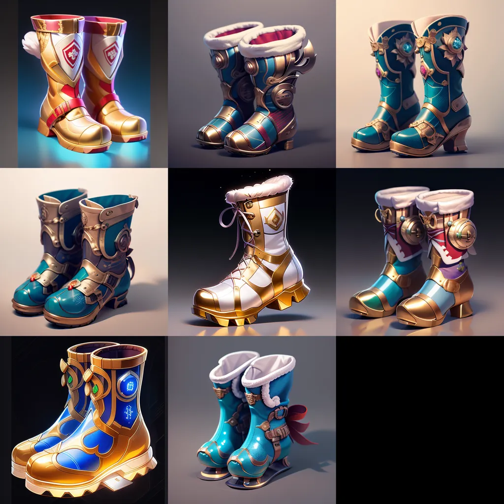 The image shows 9 different pairs of boots. They are all very detailed and have a lot of different colors and designs. The boots are all made of different materials, such as leather, metal, and cloth. They also have different types of closures, such as laces, buckles, and straps. The boots are all different colors, including red, blue, green, and brown. They also have different types of decorations, such as fur, jewels, and embroidery.