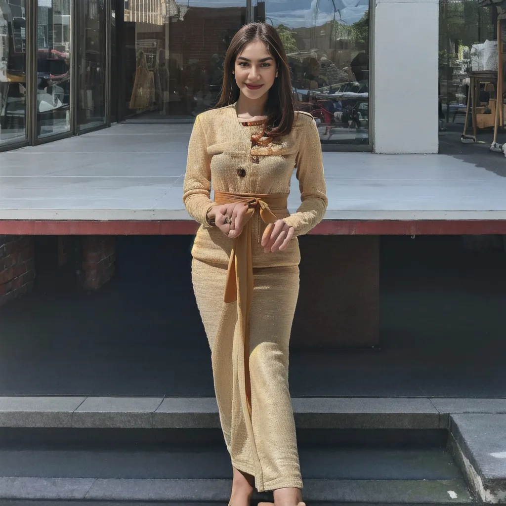 The image shows a woman wearing a gold traditional Thai outfit. The outfit consists of a long-sleeved jacket and a long skirt. The jacket is decorated with brown buttons. The woman is also wearing a brown belt. She has long brown hair and is wearing makeup. She is standing in front of a building.