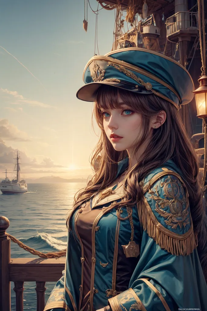 The image shows a young woman standing on the deck of a ship. She is wearing a blue and gold uniform with a white cravat. The woman has long brown hair and blue eyes. She is looking at the viewer with a serious expression. There are two ships in the background.