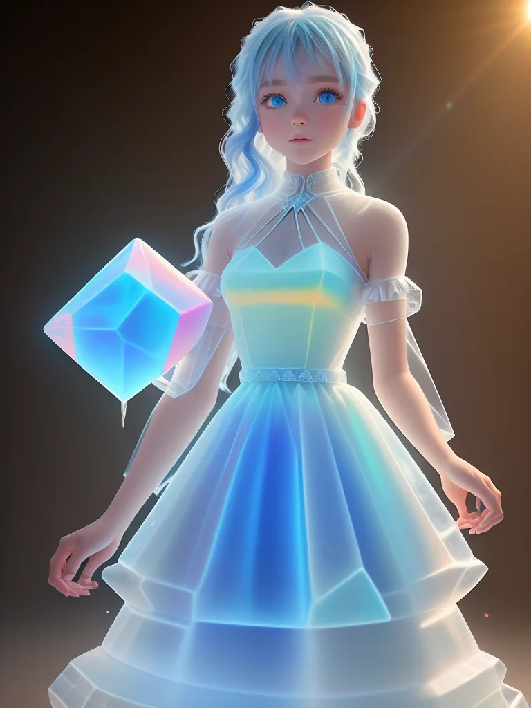 This is an image of a girl with long white hair and blue eyes. She is wearing a blue dress with a white collar. The dress is made of a shiny material and has a pleated skirt. The girl is holding a blue crystal in her right hand. She is standing in front of a dark background.