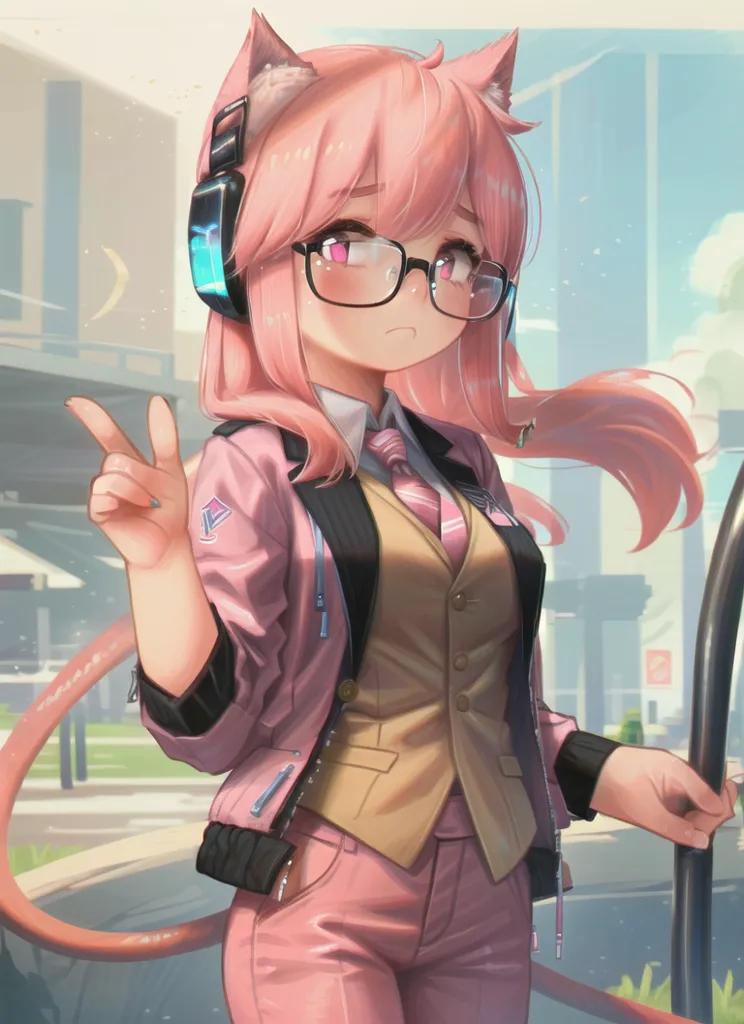 The image is of an anime-style girl with pink hair and cat ears. She is wearing a pink suit and a pair of glasses. She is also wearing a pair of headphones. She is standing in a city street and is holding a skateboard in her left hand and making a peace sign with her right hand. There are buildings in the background.