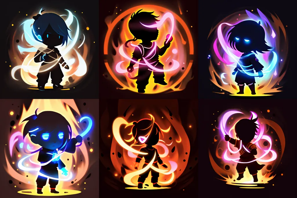 The image contains 6 cartoon-style illustrations of characters from the Nickelodeon animated series Avatar: The Last Airbender. Each character is depicted as a dark silhouette with bright, glowing outlines that match their respective elemental affiliations. The characters, from left to right and top to bottom, are Katara (water), Zuko (fire), Azula (fire), Aang (air), Ty Lee (fire), and Mai (fire).