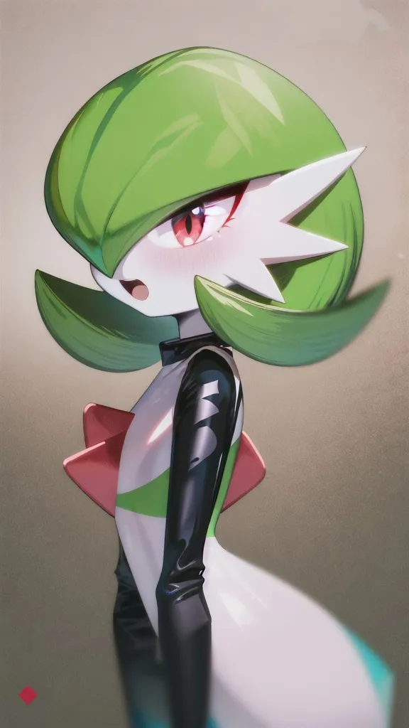 The image is of a Gardevoir, a bipedal, humanoid Pokémon that resembles a mythical creature. It has a slender figure with a long neck, a small waist, and long legs. Its skin is pale green, and it has a large, spherical head with a pair of pointed ears. Its eyes are red, and it has a small, heart-shaped nose. Its hair is long and green, and it is styled in a way that resembles a crown. It is wearing a white and black bodysuit with a pink bow on its chest. It is standing in a seductive pose, with its hips cocked to one side and its chest thrust forward. The background is a light gray color, and there is a small red diamond in the lower left corner of the image