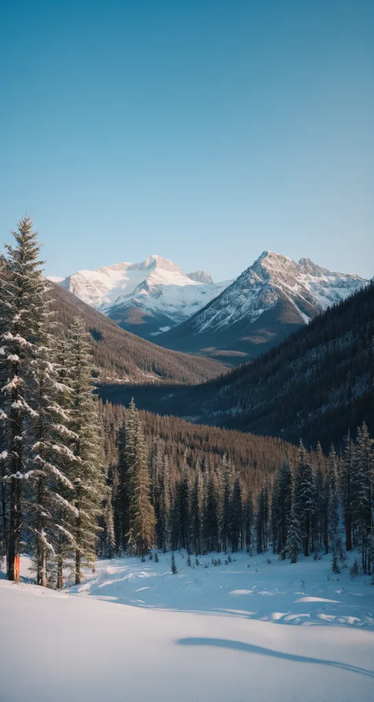 The image shows a beautiful winter landscape with snow-capped mountains and trees. The sky is clear and blue, and the sun is shining brightly. The snow is pristine and untouched, and the trees are covered in a thick blanket of white. The scene is peaceful and serene, and it makes people think