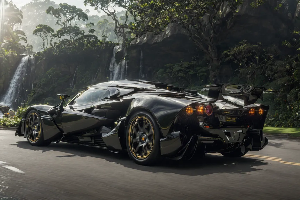 A black sports car is driving on an asphalt road in a tropical setting. The car has a sleek design and gold rims. The road is surrounded by green trees and there is a waterfall in the background. The car is moving at a high speed and the driver is wearing a helmet.