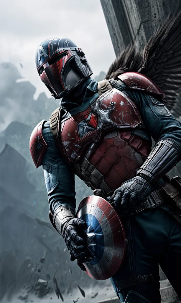 The image shows a character wearing a helmet with a red and blue star on the front. The character is wearing red and blue armor and has a shield with a star on it. The character also has a jetpack on his back.