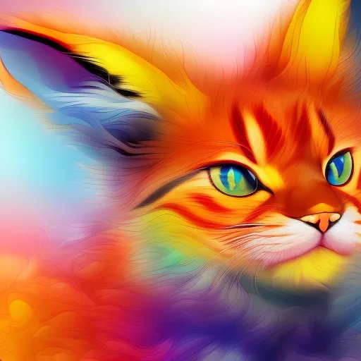 This is a picture of a cat. The cat is multicolored. Its face is mostly orange, with some yellow and white. The cat's eyes are green, and the fur on its ears is blue and yellow. The background of the picture is a rainbow of different colors.