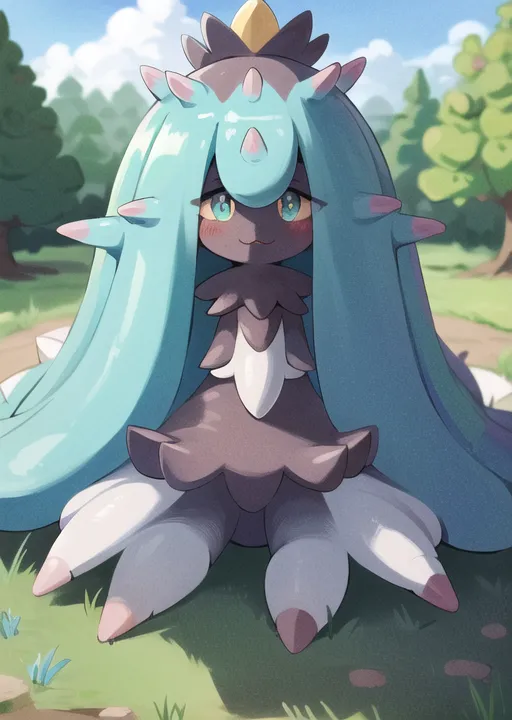 The image shows a small, quadrupedal Pokémon with a long, flowing mane of blue hair. The Pokémon is sitting on the ground in a field, and it has a curious expression on its face. It has large, pointed ears and a small, triangular nose. Its body is covered in a dark gray fur, and it has a white belly. Its feet are tipped with sharp claws, and it has a long, tufted tai