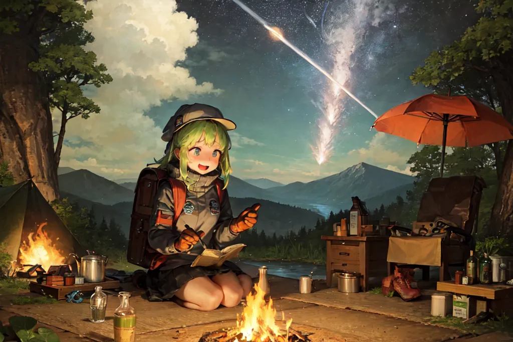 A girl is camping in the mountains. She is sitting on a wooden platform in front of a campfire. She is wearing a green hat, a gray jacket, and a black skirt. She has a backpack on her back and a notebook in her hand. She is smiling and looking up at the sky, where there is a shooting star. There is a tent behind her and a table with a red umbrella next to her. There are trees and mountains in the background.