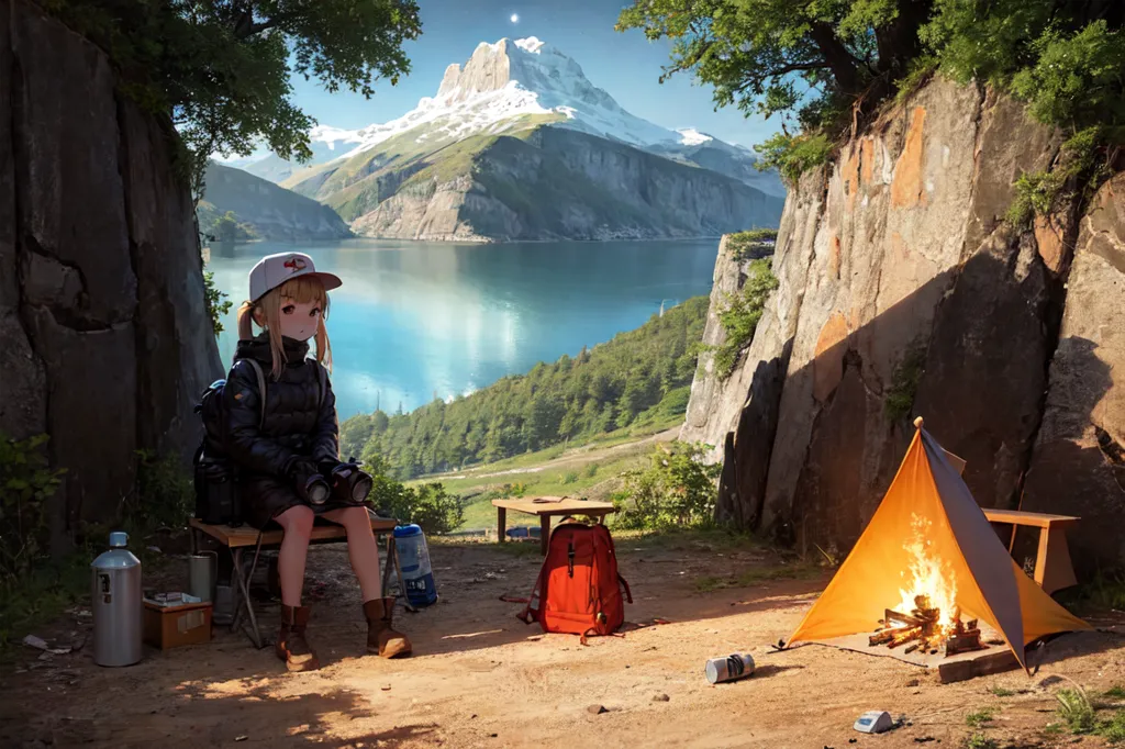 A young girl is sitting on a bench in front of a tent. She is wearing a baseball cap, a black jacket, and brown boots. She has a camera in her hand and is looking at the view of a mountain and lake. There is a backpack, a gas canister, and a cooler on the ground next to her. A campfire is burning in front of the tent.
