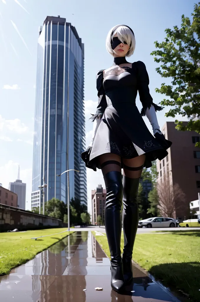 The image is of a young woman dressed in a black and white outfit. She is wearing a blindfold, a black choker, and a black dress with a white collar. She is also wearing black boots and gloves. The woman is standing in an urban setting, with a large building in the background. There are also trees and cars in the background. The woman is looking down at the ground as she walks.