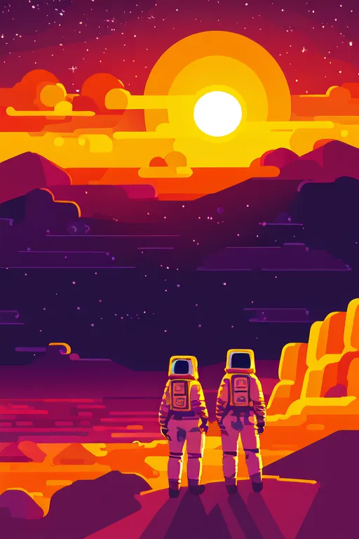 The image shows two astronauts on a rocky cliff. They are wearing orange and white spacesuits with their helmets on. The sun is setting behind them, casting a pink and purple glow over the landscape. The sky is dark blue and filled with stars. The foreground is a dark orange.