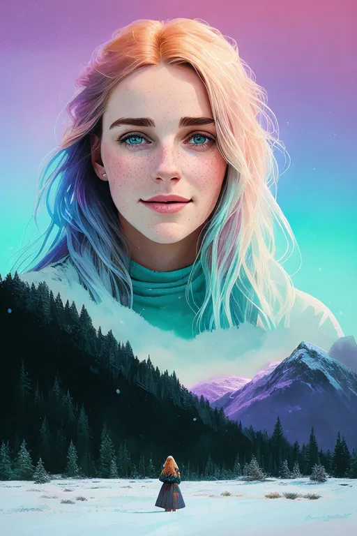 The image is a portrait of a beautiful woman with long blonde hair and blue eyes. She is wearing a green turtleneck sweater. The background is a snowy mountain landscape with a forest of pine trees. The woman is looking down at a smaller version of herself that is standing in the snow.