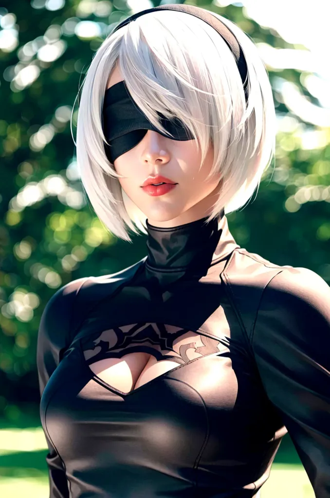 The picture shows a young woman with short white hair and red lipstick. She is wearing a black choker and a black dress with a plunging neckline. The dress has cutouts at the chest and is sleeveless. She is also wearing a blindfold. The background is blurred and is mostly green.
