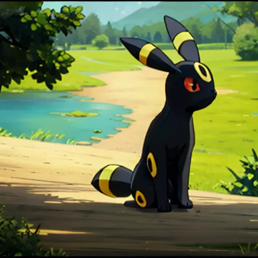 The image shows a Pokémon character. It is a black cat-like creature with yellow rings on its body and a yellow tail. It is sitting on a grassy field with a river in the background. There are also some trees and hills in the background. The Pokémon is looking at the viewer with its red eye