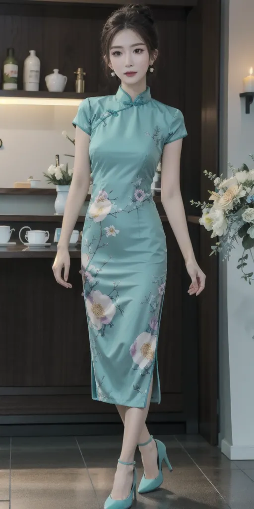 The image shows a woman wearing a green cheongsam. The cheongsam is a traditional Chinese dress that is typically worn by women. It is a one-piece dress that is fitted to the body and has a high collar. The cheongsam is often made from silk or other luxurious fabrics and is often decorated with intricate designs. The woman in the image is wearing a cheongsam that is made from a green silk fabric. The cheongsam has a high collar and is fitted to her body. The cheongsam is also decorated with a floral design. The woman is wearing blue high heels with the cheongsam and her hair is pulled back in a bun.