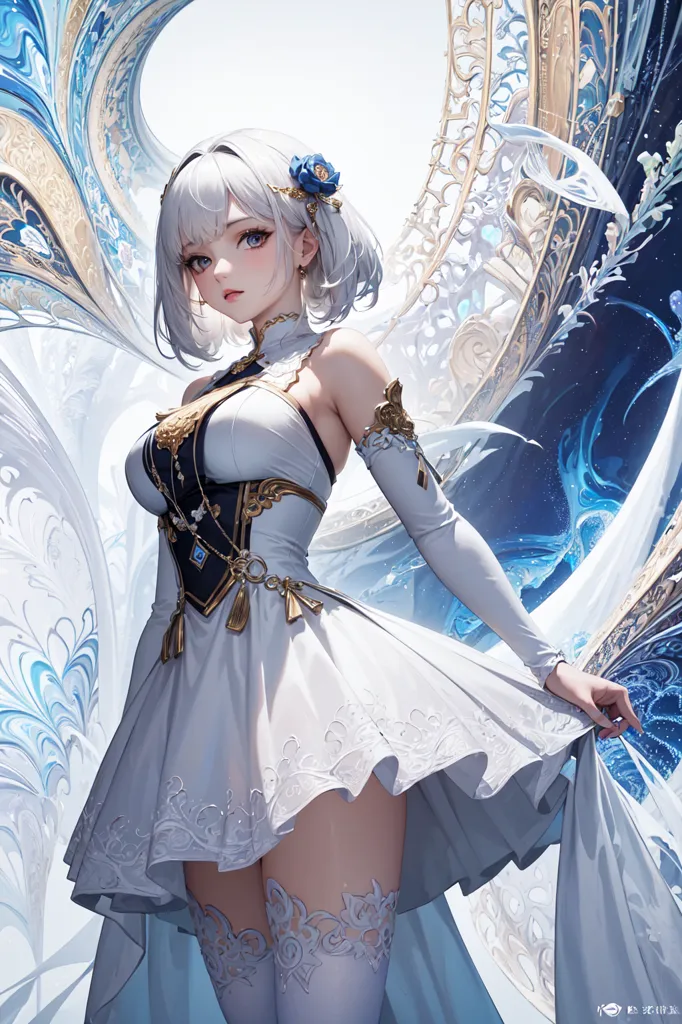 The image is of a beautiful anime girl with white hair and blue eyes. She is wearing a white dress with a blue sash and has a blue flower in her hair. She is standing in front of a blue and white background with a wing-like design.