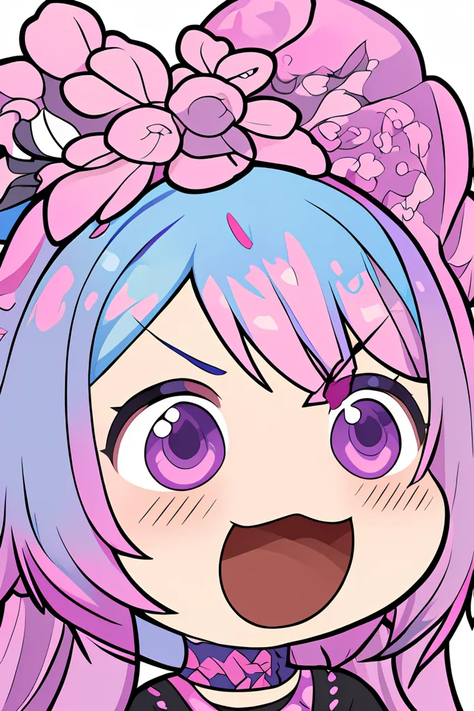 This is an image of an anime-style girl with pink and blue hair. She has purple eyes and is wearing a pink and black outfit. There are pink and white flowers in her hair and she has a surprised expression on her face.