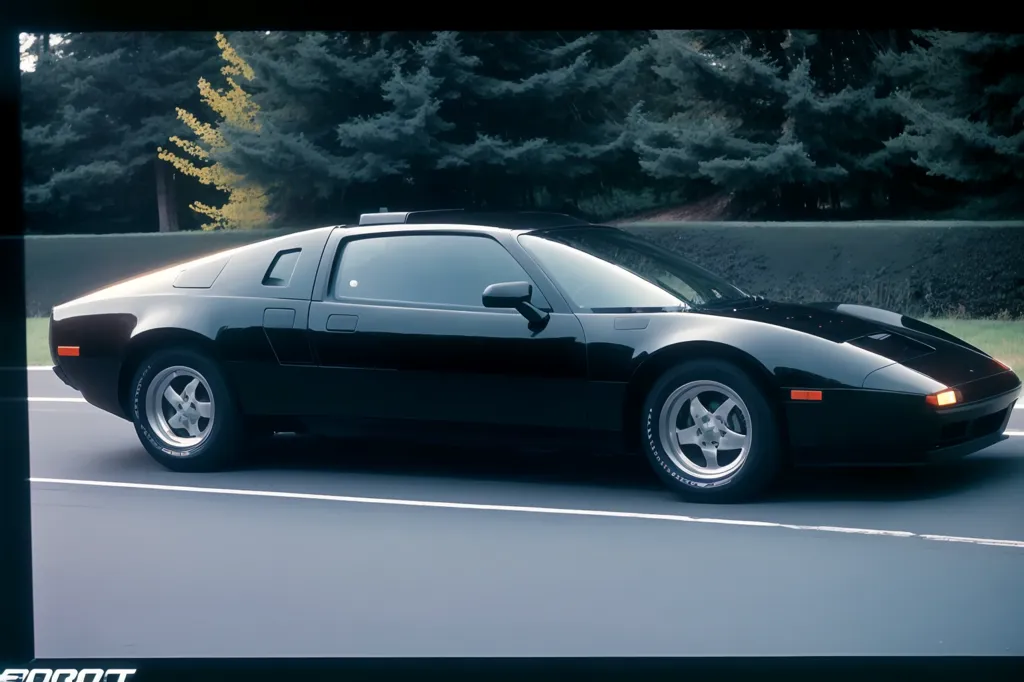 The image shows a black sports car with a futuristic design. It has a sleek, aerodynamic body with a large windshield and a low profile. The car is also very wide, giving it a powerful and aggressive stance. The car is driving on a winding road through a forest. The trees are in full bloom, and the sun is shining brightly. The car is moving quickly, and it looks like it is enjoying the drive.