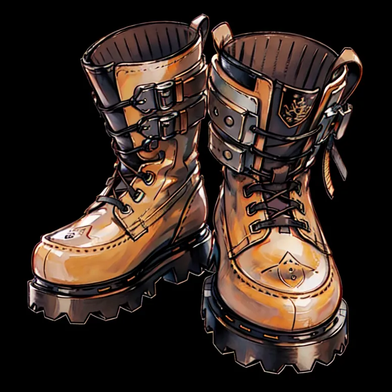 This is a pair of brown leather boots with black soles and gold buckles. The boots are high-laced and have a thick sole. The tops of the boots are folded down, revealing the interior of the boots, which is lined with a soft, cream-colored material. The boots are also decorated with several metal buckles and straps.