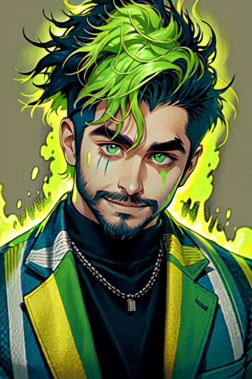 This image shows a man with green hair and green eyes. He is wearing a black shirt with a yellow collar and a green jacket. He has a chain around his neck and a small stud earring in his left ear. The background is a bright yellow-green color. The man's expression is one of determination and intensity. He looks like he is about to engage in some kind of physical activity.