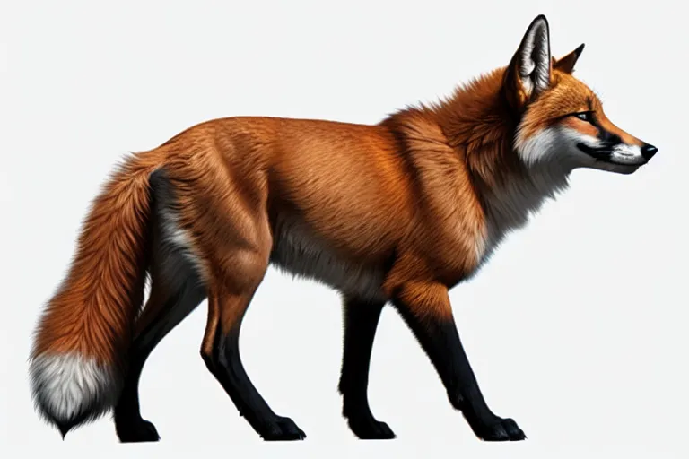 The image shows a red fox in a white background. The fox is standing on all fours, with its tail extended behind it. The fox's fur is orange and white, with a white tip on its tail. The fox's eyes are yellow and its nose is black. The fox's mouth is closed and its ears are perked up.