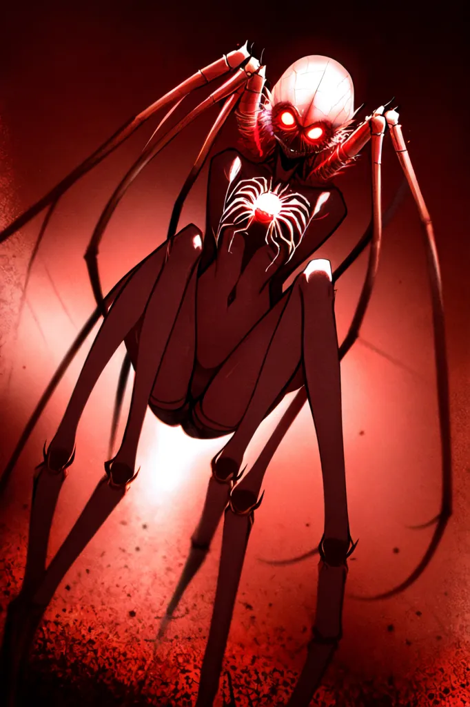 The image is a depiction of a humanoid spider-like creature. The creature is mostly red with a white head and abdomen. It has eight long, spindly legs and a pair of arms with sharp claws. Its face is hidden behind a mask-like structure with glowing red eyes. The creature is crouched on a dark surface, with its legs spread out in front of it. It appears to be in a state of alert, as if it is ready to att